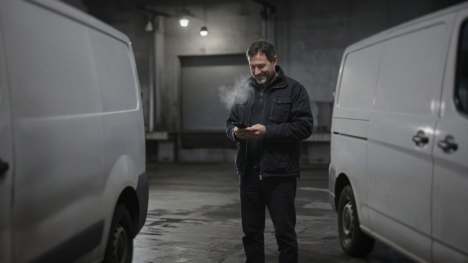 Manager checking his phone between two cargo vans in a depot