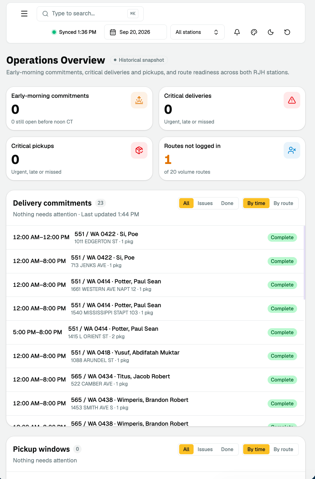 Relay operations overview on mobile showing commitments, critical deliveries, pickups, and routes not logged in